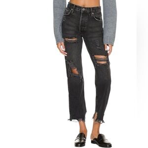 We The Free High Waisted Button Down Black Distressed Relaxed Fit Denim Jeans 27